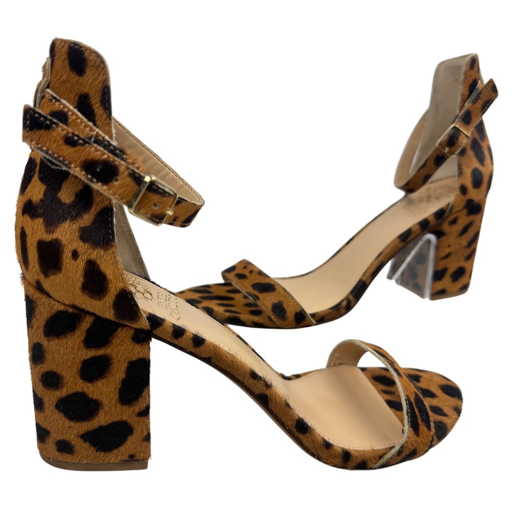 Vince Camuto Leopard Print Calf Hair Block Heel Ankle Strap Sandals Women Sz 9.5